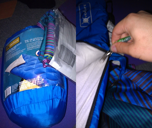 Two photos - on the left, a packaged sleeping bag and duvet cover; on the right, the sleeping bag being unzipped.