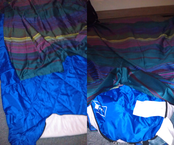 Two photos - on the left, the duvet cover laying on top of the the sleeping bag; on the right, the sleeping bag inside the duvet cover
