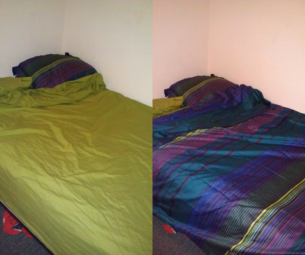 Two photos - on the left, a bed with just olive green sheets on them; on the right, the same bed with a dark striped blue and purple duvet on top.
