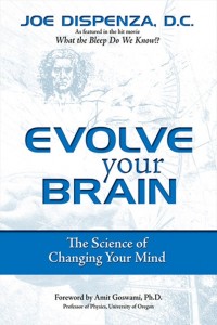 The cover of Evolve Your Brain by Joe Dispenza. Depicts a brain and the head of Da Vinci's painting Vitruvian man.