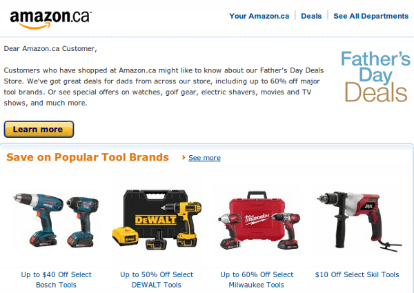 A screenshot of an email from Amazon.ca suggesting for some strange reason that I should buy power tools for my father.