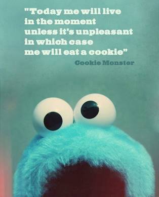 A picture of the cookie monster from sesame street, with the caption "Today me will live in the moment unless it's unpleasant in which case me will eat a cookie"