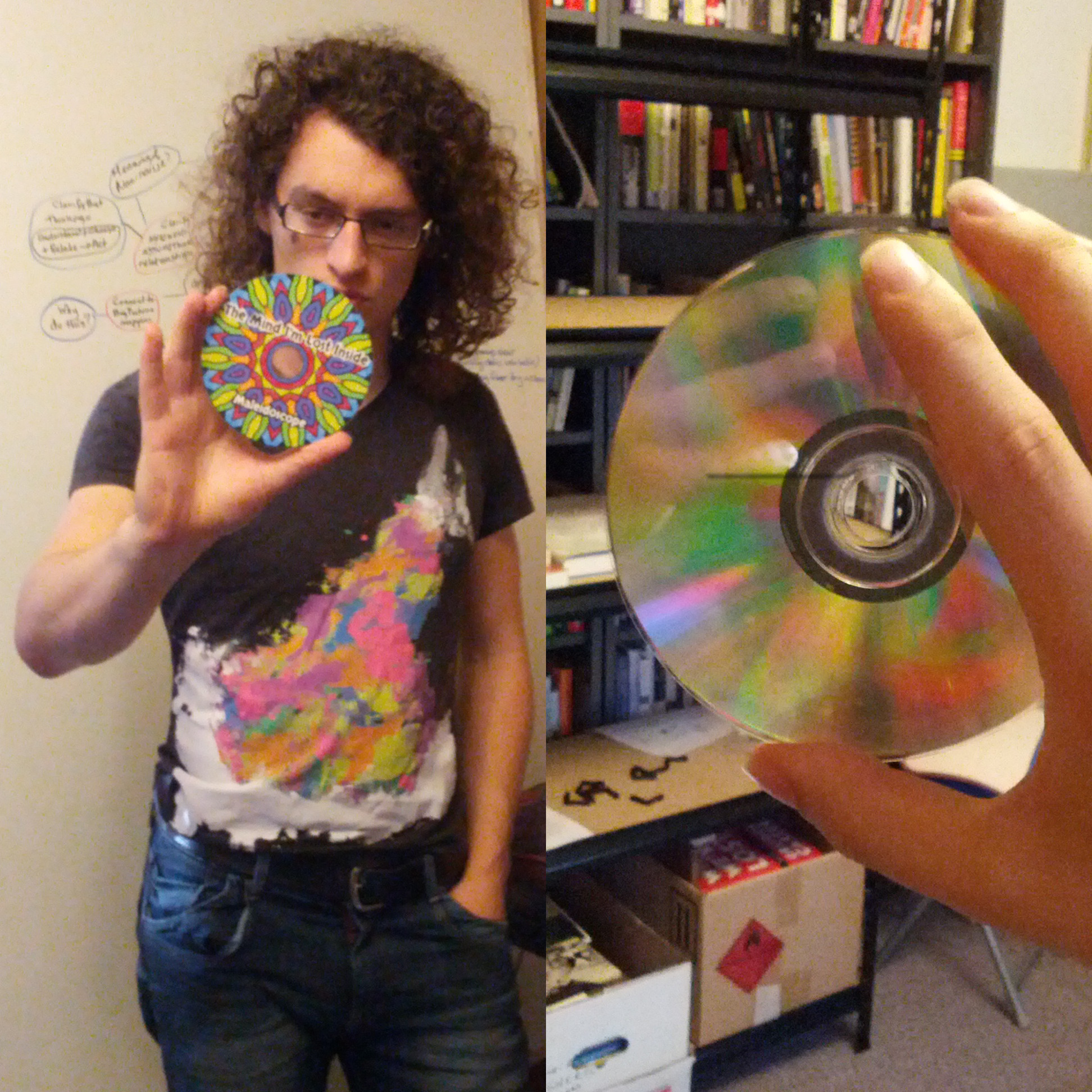 Two photos from different perspectives, both of me holding a CD. A non-visual analogy might be that you could have someone whispering in one of your ears and someone talking normally into the other, but from 10 feet away I might only be able to hear the loud talker.