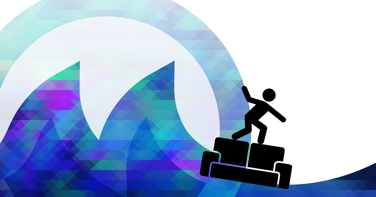 An image of a stick figure icon surfing atop a sofa. The waves are the waves in Malcolm Ocean's logo, which is a circle with a wavey M inside