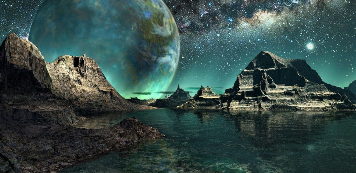 a digitally created photo-like image of some mountains with some water in the front and a planet in the background