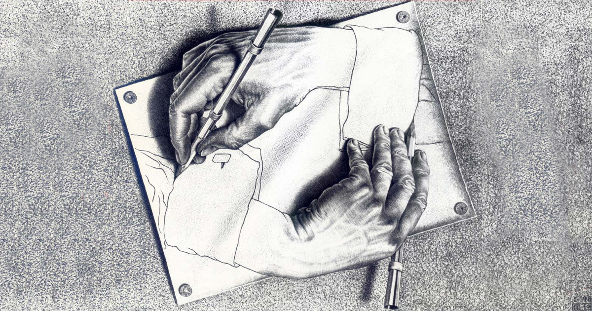 MC Escher's etching "drawing hands", which depicts a left and right hand drawing each other
