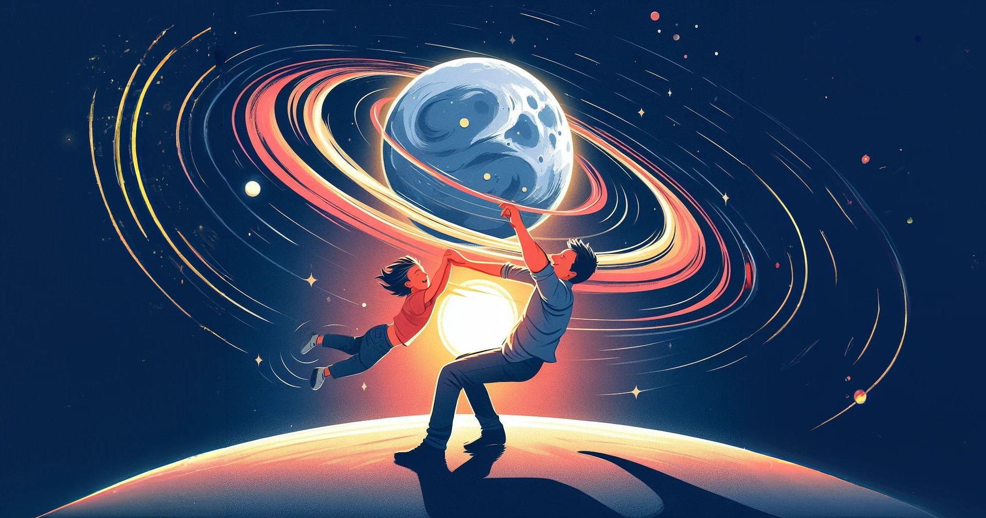 AI-generated digital art, with the prompt: a dad playing 'spin me around' with his kid, just as earth's gravity spins the moon in its orbit. in the foreground of the scene is a kid floating in the air by being spun by his dad who is leaning back. they're standing on a planet with a moon and sun in the background.