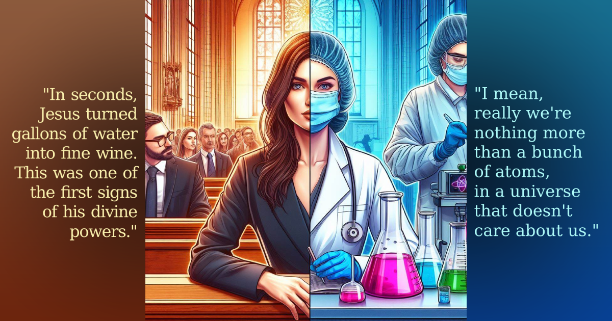 a woman shown in two scenes: a church and a chem lab. Next to the church is the quote: 'In seconds, Jesus turned gallons of water into fine wine. This was one of the first signs of his divine powers.' Next to the chem lab is the quote: '