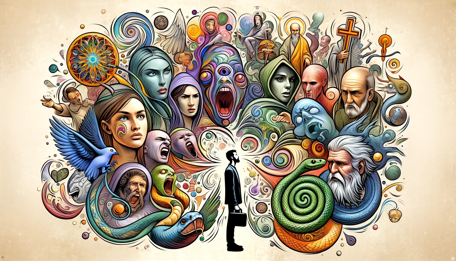 an illustration, of a man standing with many voices shouting at him from different angles with different energies.