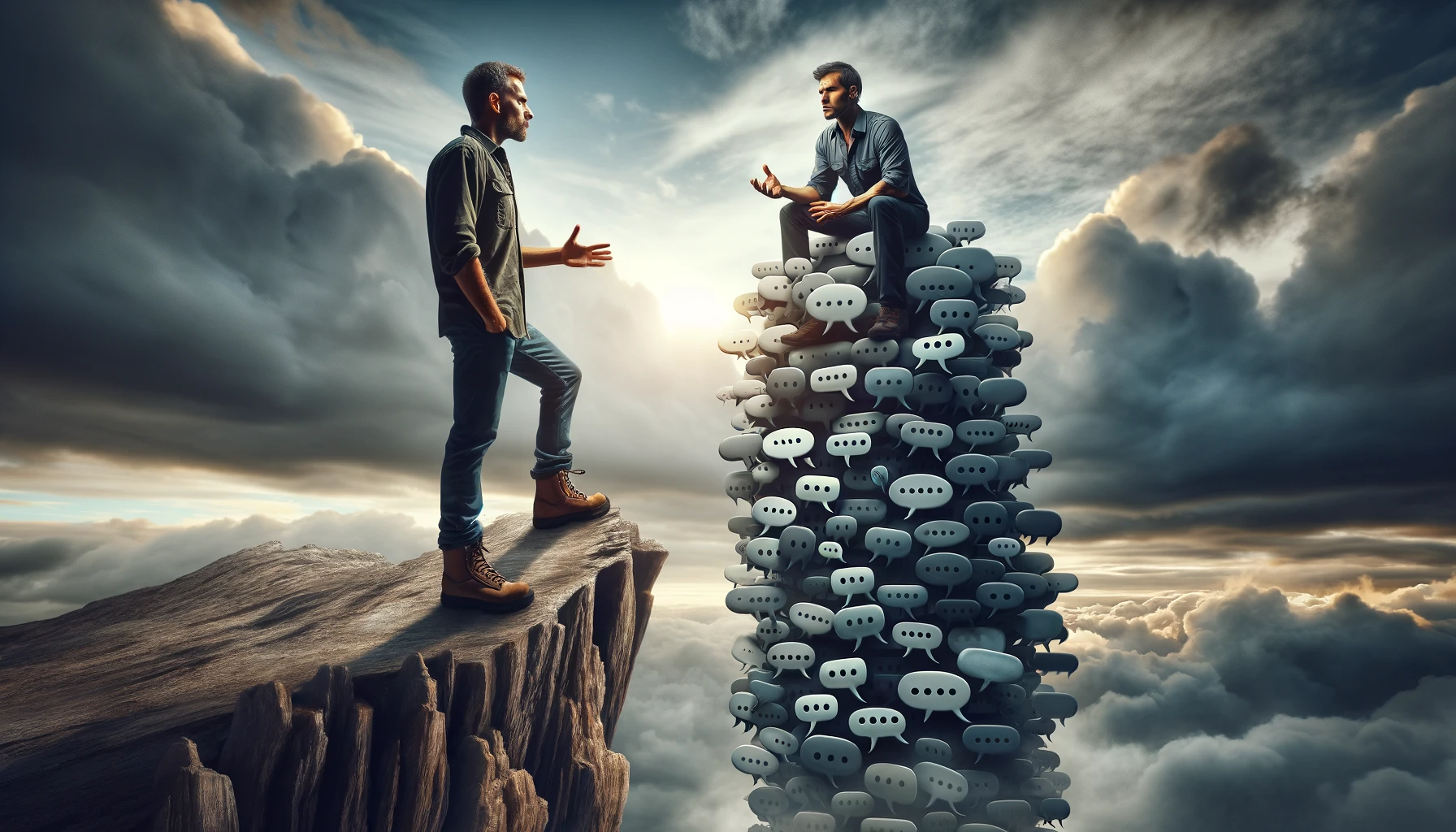 Prompt: A dramatic scene depicting two men in a conversation. One man stands on the edge of a rugged cliff, dressed in casual hiking gear. His posture is assertive, and he is making strong gestures with his hands. Facing him is another man standing on a towering pile of speech bubbles, symbolizing an intent verbal exchange. The speech bubble pile is as high as the cliff, putting both men at eye level. The background features a dramatic sky with dark clouds, enhancing the intense atmosphere of the scene. Both men are of average build, one with short hair and the other slightly longer.