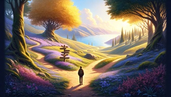 a colorful graphic of a person standing at a crossroads in a beautiful fantastical world