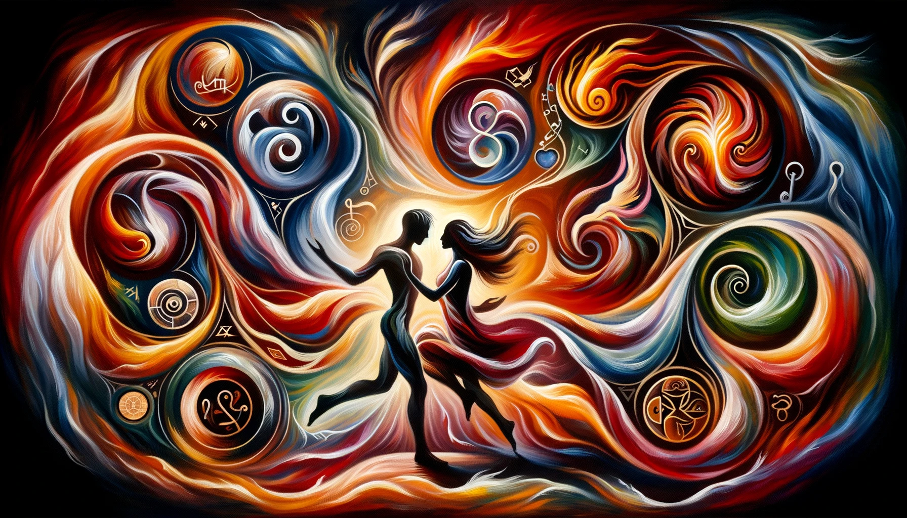 Generated by DALL-E with the prompt: An abstract painting depicting a man and a woman engaged in a metaphorical dance, symbolizing the uncertain future of their relationship. The couple is in the center, drawn with fluid, graceful lines that suggest movement and emotion. Around them, an abstract background swirls with symbolic representations of various forces: intertwining ribbons for mindsoul-connection, cultural motifs for tradition, fiery reds and oranges for eros and passion, lush greens for fertility, golds and silvers for money, and familial symbols. The color palette is rich and vibrant, capturing the complexity of their potential future together.