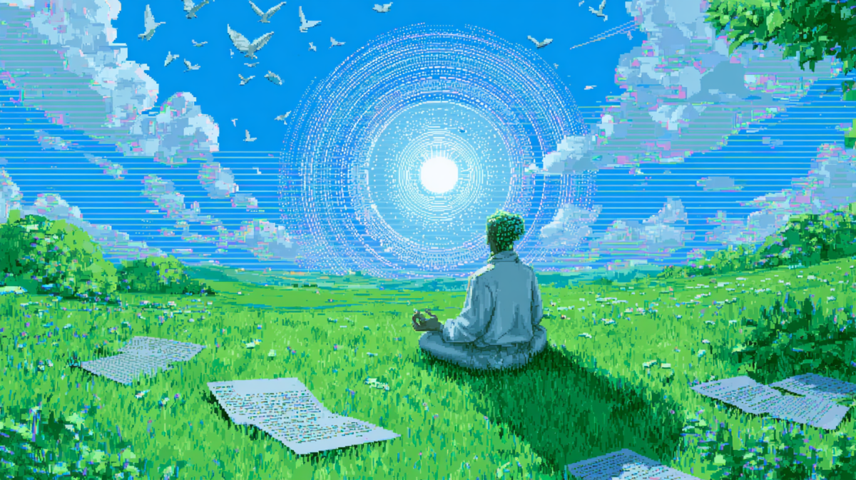generated by midjourney v7.  prompt: a person sitting cross-legged in a lush green field under a bright sun, birds flying overhead in a clear blue sky. bucolic scene rendered in 90s vaporwave palette, with a low-res glitch "portal" hovering nearby, inside the portal are speech bubbles and paper with writing on it.